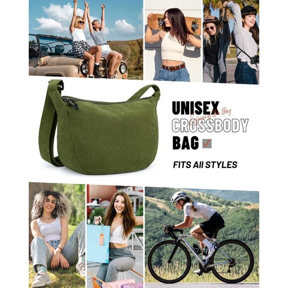 Women Corduroy Green Imported Polyester Crossbody Lightweight Crescent Sling Bag - Picture 6 of 7